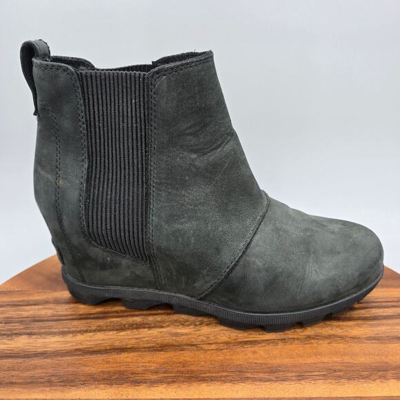 Sorel Joan of Arctic II Boots Women's 9 Black Leather Chelsea Hidden Wedge Shoes - Picture 1 of 8